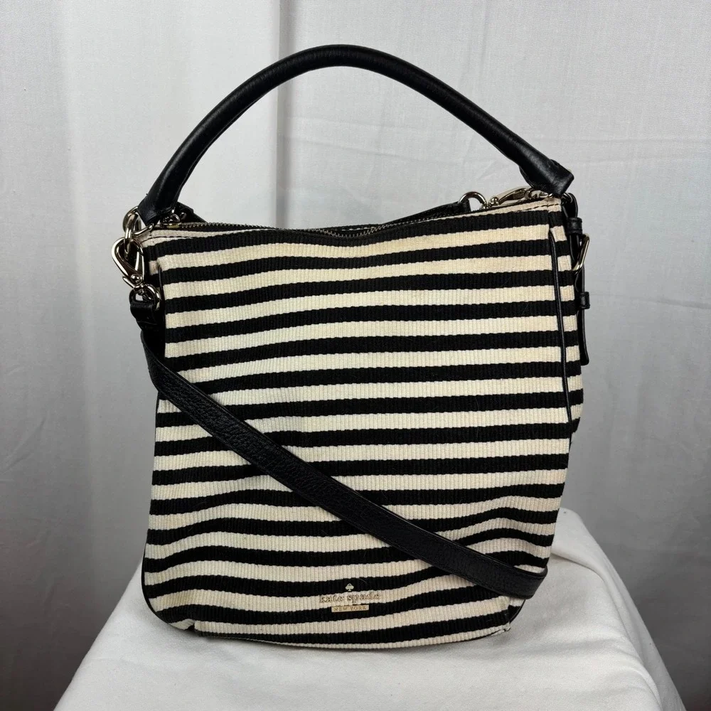 Kate Spade Black White Striped Crossbody Bag Top Handle Purse PXRU4669